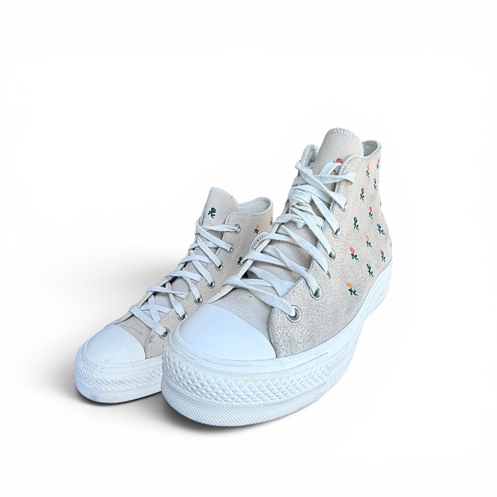 Converse Chuck Taylor All Star Lift Hi Platform Suede Floral Rose Sneakers Beige - Picture 5 of 16